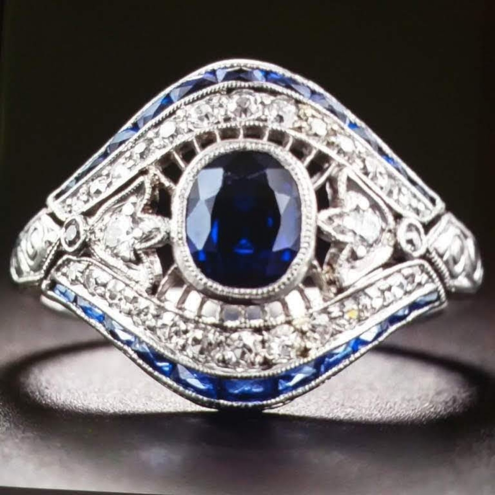 Art Deco Vintage Women's Silver,Sapphire, white To